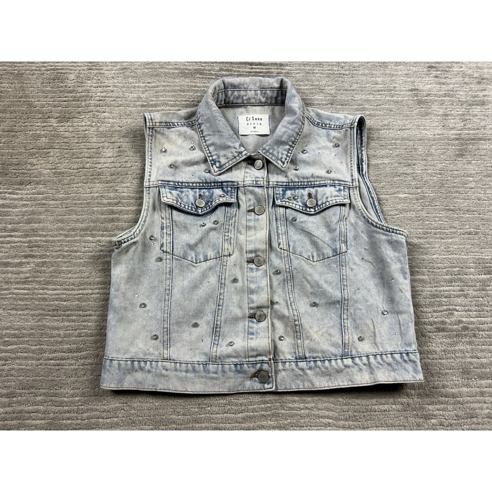 Ci Sono Denim Jacket Vest Women Medium Blue Light Wash Embelliished Cotton Blend
